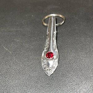 Ornate Silver Keychain with Red Accent made from vintage silverware